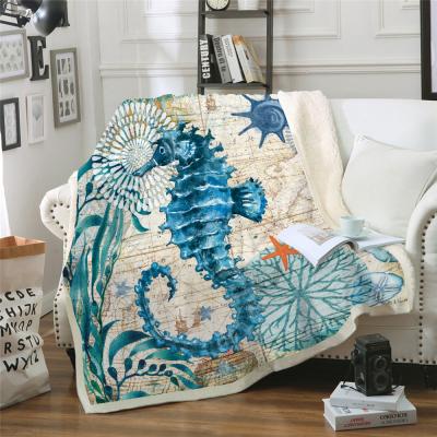 China PORTABLE Baby Sherpa Sea Animal Print Fleece Seahorse Blanket Print Turtle Octopus Whale Blue Blanket Baby Blanket for sale