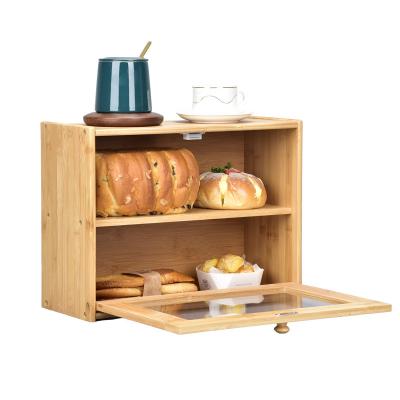 China Multifunctional Bamboo Food Storage 2 Tier Bread Storage Box With Clear Window for sale