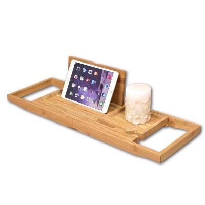 China Sustainable Luxury Bamboo Extendable Cart Tray With Book Holder Bathtub for sale