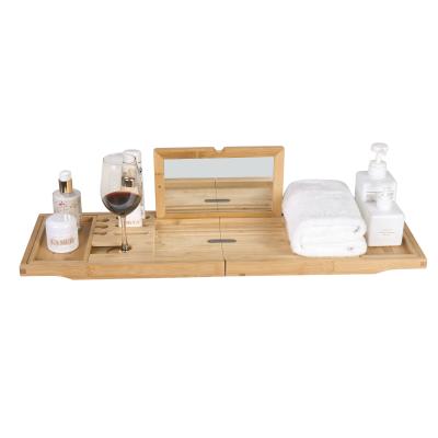 China High Quality Sustainable Bamboo Bathtub Trolley Tray With Glass Rack , Folding Mirror for sale