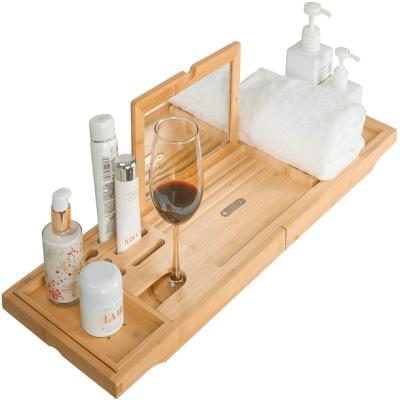 China Sustainable Bamboo Folding Bathtub Tray With Mirror, Can Place Book, Smart Phone Wine Cup for sale