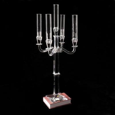 China MH-ZT332 5 church branches table crystal candelabras with glass tubes crystal candlestick for wedding home decoration for sale