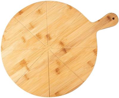 China Sustainable Bamboo Kitchen Tray Bamboo Pizza Board 13.5 Inch Cutting Boards with Handle Cut Grooves for sale