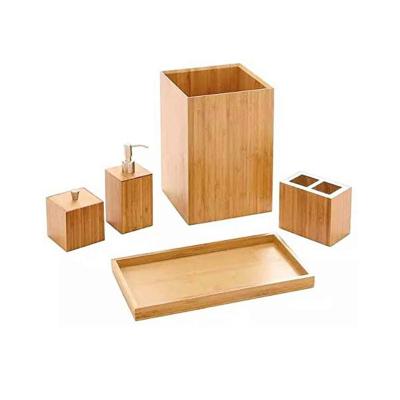 China Morden Bathroom Accessories Set.Deluxe 5-Piece Luxury Stylish Bamboo Bamboo Vanity Accessories Set With Wastebasket for sale