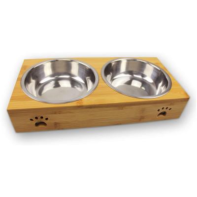 China Sustainable High Quality Feed Dish Bamboo Elevated Pet Bowls With 2 Removable Stainless Steel Bowls for sale