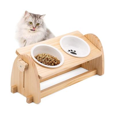 China Viable Star Products Wooden Pet Adjustable High Bowls With 2 Detachable Ceramic Bowls for sale