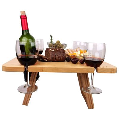 China Modern Foldable&Portable Mini Bamboo Wine Picnic Table. Folding Bamboo Charcuterie&Cheese Serving Tray With Glass Bottle&Four Holder for sale