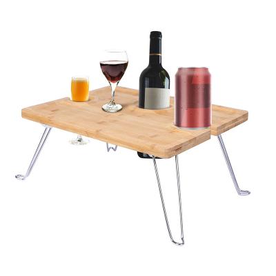 China Modern Bamboo Mini Picnic Table. Portable Bamboo Wine Rack Table With Bamboo Wine Bottle&Glass Holder Picnic Food Serving Tray for sale