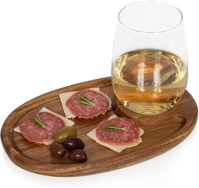 China Adjustable (Height) One Picnic Time Token Wooden Cocktail Appetizer Plates With Wine Glass Holder Set Of 4 for sale