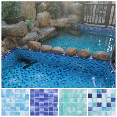 China 48x48mm Square Mix Blue 6mm Thickness CLASSIC Blue Ripple Ceramic Mosaic Tiles For Swimming Pool Tile for sale