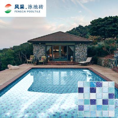 China CLASSIC Wholesale Crystal Glass Mosaic Tiles For Stock Price Supplier 48x48mm Square Mix Blue 4mm Thickness Pool for sale