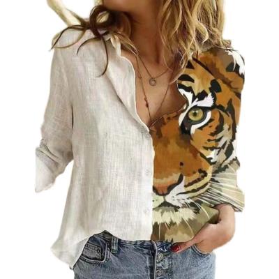 China European and American Autumn New Products Polo Collar Tiger Head Tiger Print Long-Sleeved Breathable White Straight Shirt for sale