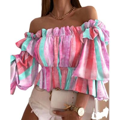 China Autumn New Sexy One-Word Neck Breathable Off-Shoulder Gradient Tie-Dye Big Flower Polka Dot Print Waist Long-Sleeved Shirt Shorts Top for sale