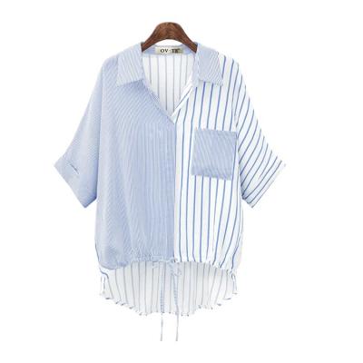 China Summer Breathable Plus Size Women's European and American Style Classic Color-block Striped Short Sleeve Shirt Irregular Edge Lace-up Top for sale