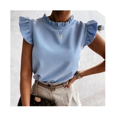 China New Breathable Summer Women European And American Style Round Neck Shirt Solid Color Ruffled Sleeveless Loose Shirt With Straight Top for sale