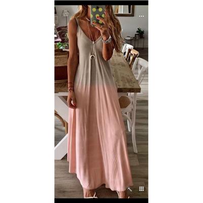 China European and American wind breathable quick express sexy V-neck gradient dye tying loose suspender casual sleeveless dress female long skirt for sale