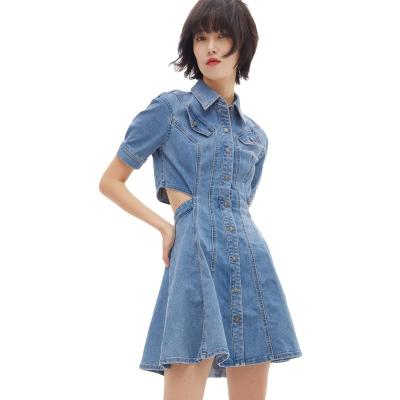 China New Anti-Static Sexy Hollow Belt Big Neckline Summer Pocket Decorative Women's Denim Dress for sale