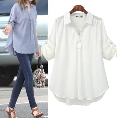 China Large Size Women's Breathable Clothing Summer Five-Point Folded Sleeves Loose And Thin Middle And Long Fashionable Shirts All-match for sale