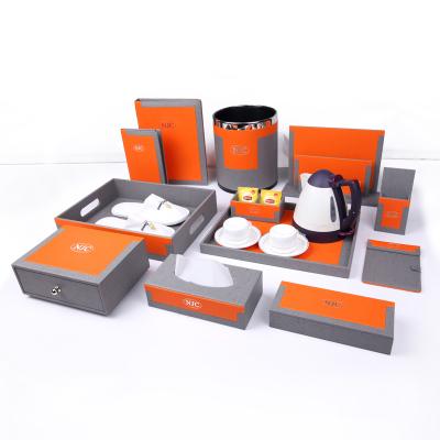 China Luxury Hotel Amenities Set Dark Hotel Yellow With Light Gray Leather Supplies Hotel Amenities for sale