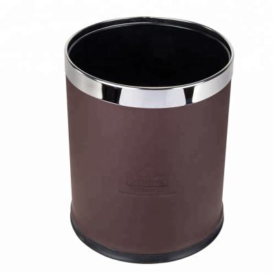 China Sustainable Hotel Guestroom Brown Round Leatherette Trash Bin Manufacturer for sale