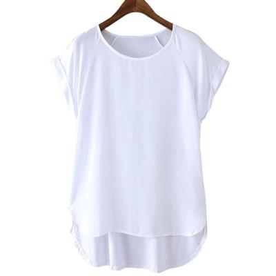 China Anti-pilling Cheap High Quality Cotton Spandex Roll Up Sleeve Curved Edge White T-Shirts For Women for sale