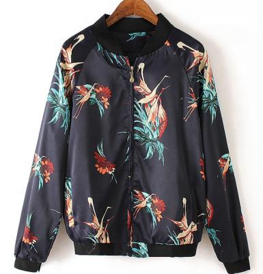 China Breathable Fashion Ladies Flower Print Satin Baseball Jacket Overall Jackets for sale