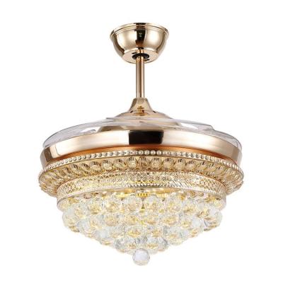 China Modern luxury remote control k9 crystal gold k9 crystal chandelier combination bedroom ceiling fan and light combination clear retractable blades crystal fan for sale