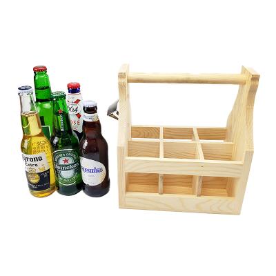 China Eco-friendly Light Yellow Wood Grid Beer Basket 6 Bottle Wine Handle Bottle Carrier Wooden Case zu verkaufen