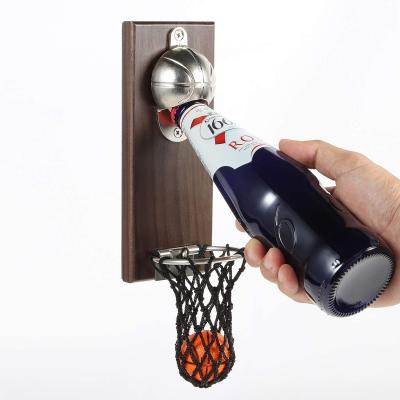 China Creative wooden bottel opener wall mounted basketball wall hanging deisgns opener for beer wine drink for sale