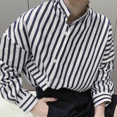 China Anti-pilling 100 cotton button 2022 women blouses stripe shirts European and American fashion minimalist design for sale