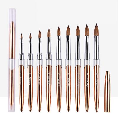 China Flexible Hair/Comfortable Handle/High End 100% Pure Kolinsky Acrylic Nail Brush Germany Size 2-18 Rose Gold Metal Handle Vacuum Interface Pad Quality Crimped Private Logo OEM custom made for sale