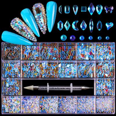 China Decorate Sapphire Nail Art Mix Fancy Shaped In Box Flat Bottom Nail Art Decoration Charm Jewelry Blue Glass Fake Diamond Nail Stones for sale