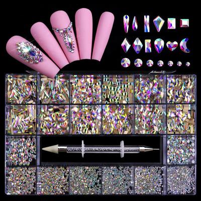 China Decorate Crystal Nail Art Mix Shape Fancy Shaped AB Rainbow Nail In Box Flat Bottom Nail Art Decoration Glass Fake Stones for sale