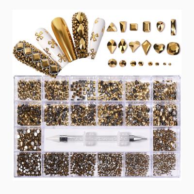 China Decorate Wholesale Popular Nail Art Mix Shape Fancy Shaped Gold Nail In Box Flat Bottom Rhinestone Nail Art Decoration Gold Glass Rhinestones for sale