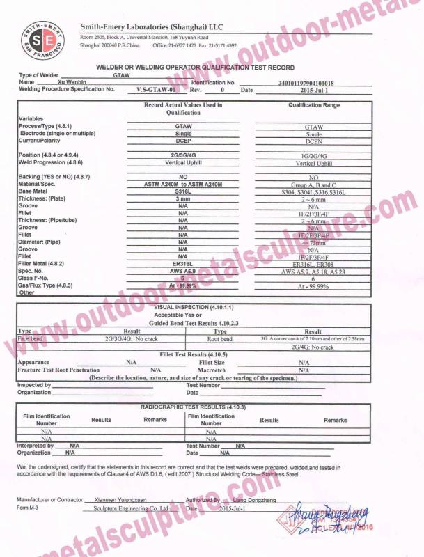 Opertor Qualification - XIAMEN FLYART METAL SCULPTURE CO.,LTD