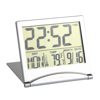 China Silver Foldable Calendars Digital Travel Alarm Clock Battery Operated And Temperature With Nap Mode for sale