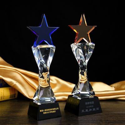 China Wholesale Europe Souvenir Business Gift Blue Star Plate Award Crystal Trophy for sale