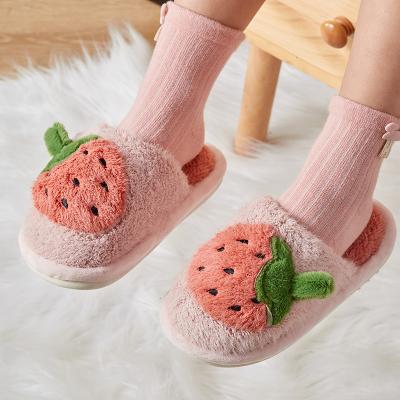 China Outdoor Fur Fuzzy Strawberry Decoration Cute Winter Kid Color Slipper Anti-slippery With Rubber Sole for sale