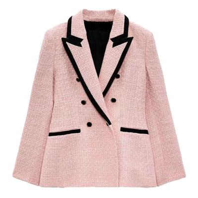 China Factory Supply Breathable Ladies Slim Fit Tweed Blazer Contrast Collar Woman Pink Tuxedo Coat for sale