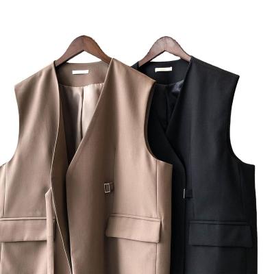 China Breathable Vintage Style London Factory Sales V-Neck Sleeveless Suit Vest Belted Women's Waistcoat Khaki for sale