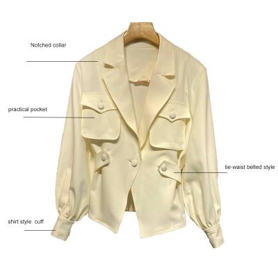 China Breathable Custom Color Logo Blazer Jacket Women Beige Slim Fit Adjustable Waist Belted Women Bomber Jacket With Two Chest Pockets for sale