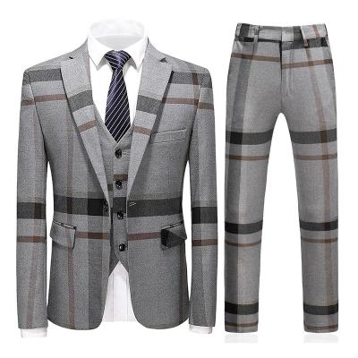 China Anti-Wrinkle Mens Plain Breasted Plaid Business 3 Piece Light Gray Formal Wedding Suits for sale