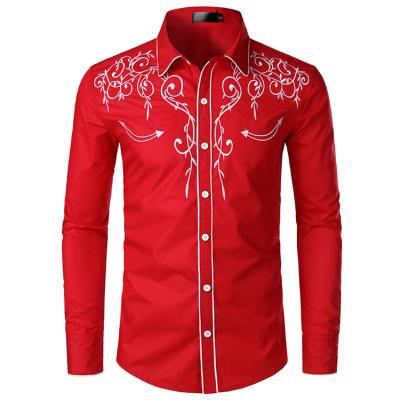 China Breathable Factory Style Design Oversized Stylish European Polo Collar Embroidered Cowboy Shirts Red Custom Embroidered Shirts For Men for sale