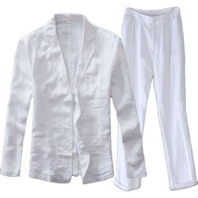 China Summer Breathable Dresses OEM Breathable Tuxedo Jacket and Pant Set Ivory Causal Canvas Suit For Men for sale