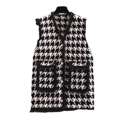 China Autumn New Arrival Women's Tweed Waistcoat Vest Sleeveless Houndstooth Pattern Contrast Edge Ladies Breathable Tweed Cardigan for sale