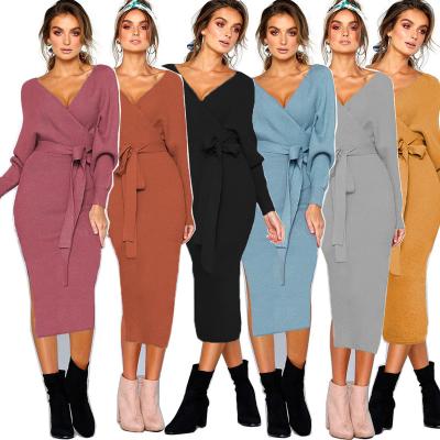 China Autumn And Winter Sexy Lace-up V-neck Long Sleeve Breathable Women Knitted Casual Solid Color Striped With Belt Mid Length Knitted Dress for sale