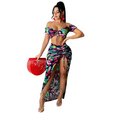 China QUICK DRY Casual Dresses Women Summer Vacation Elegant Sexy Off Shoulder High Waist Side Split Design Floral Print 2 Piece Dress Set Women for sale