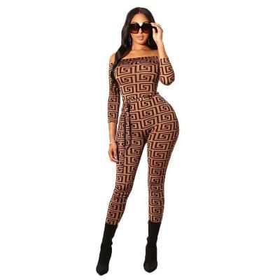 China New Fashion QUICK DRY Ladies Design Elegant Women One Piece Overalls With Long Pants High Waist Printed Brown Bodycon Overalls In Fall for sale