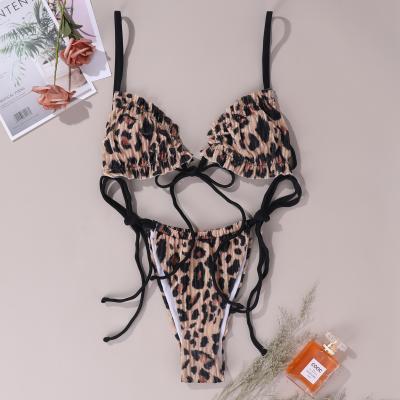 China New Design BN2021 Leopard Print Velvet Breathable Yellow Elegant Micro Pleat Women's Swimwear Bikini Two Piece Set for sale