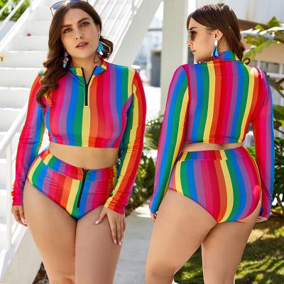 China Latest Fashion Plus Size PS2046 High Waist Zipper Printing Plus Stripe 2 Piece Swimsuit Plus Size Swimwear for sale